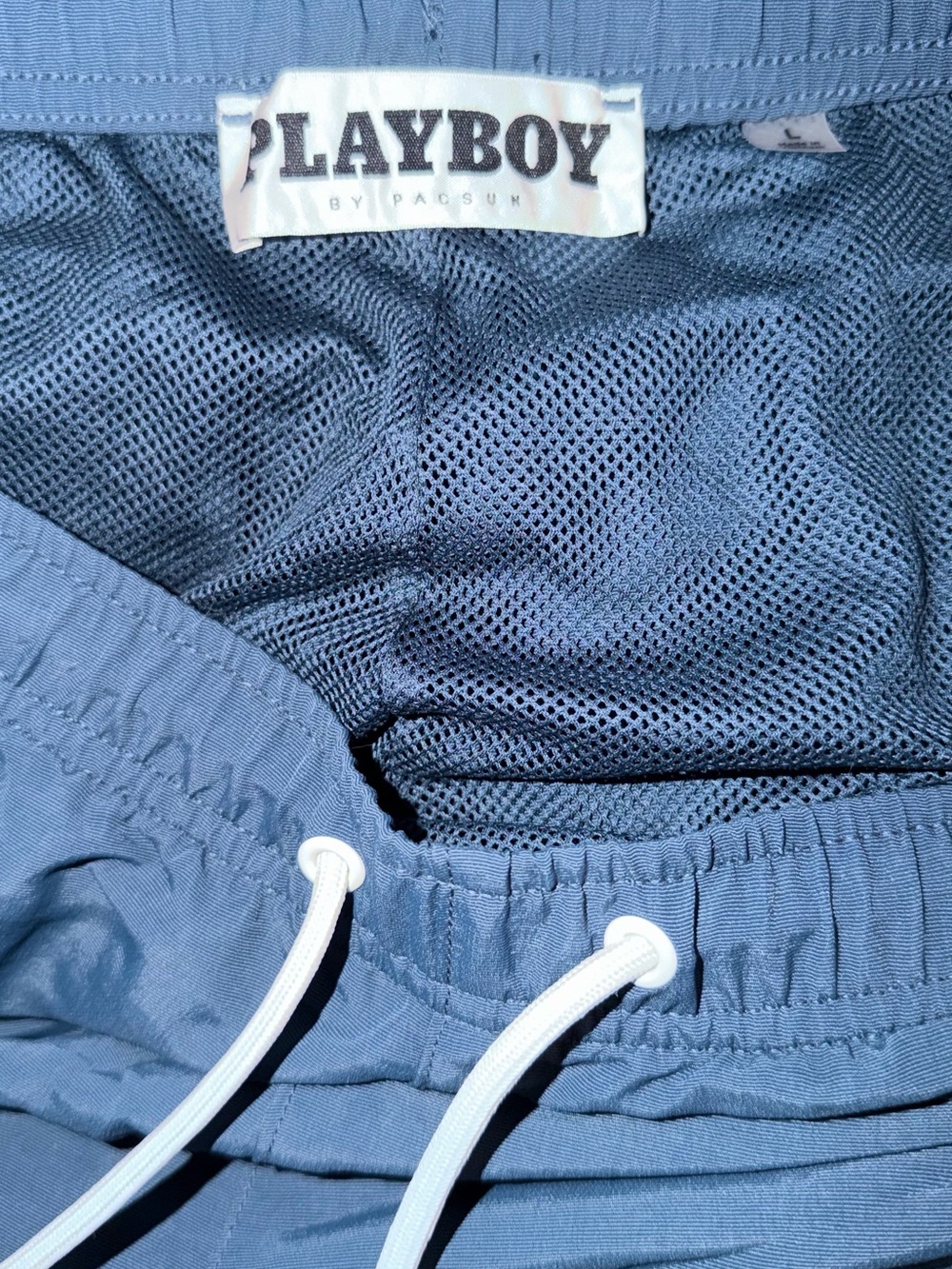 PLAYBOY Blue Mesh-Lined Swim Shorts with White Drawstring